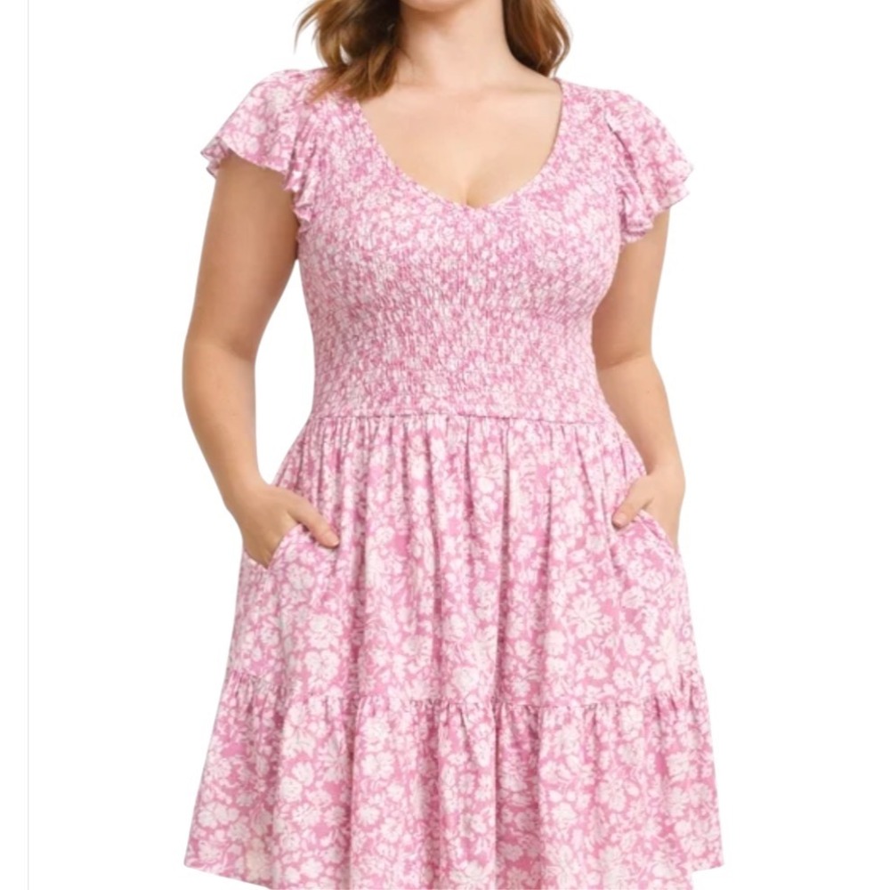 UNIVERSAL THREAD Pink/White Floral SMOCKED DRESS Tiered Peasant Flutter Sleeve L